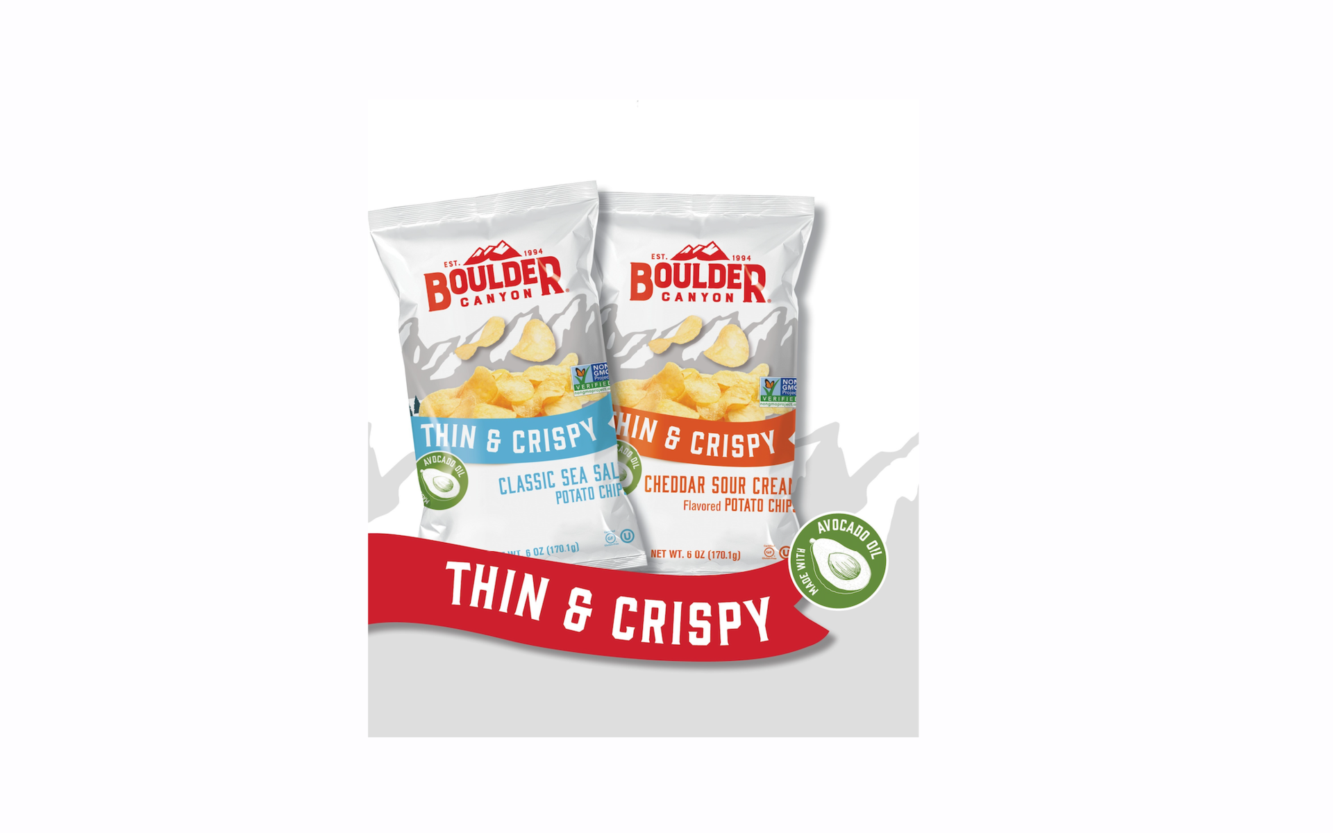 NEW! Boulder Canyon&circledR; Thin & Crispy Potato Chips, including Classic Sea Salt and Cheddar Sour Cream.