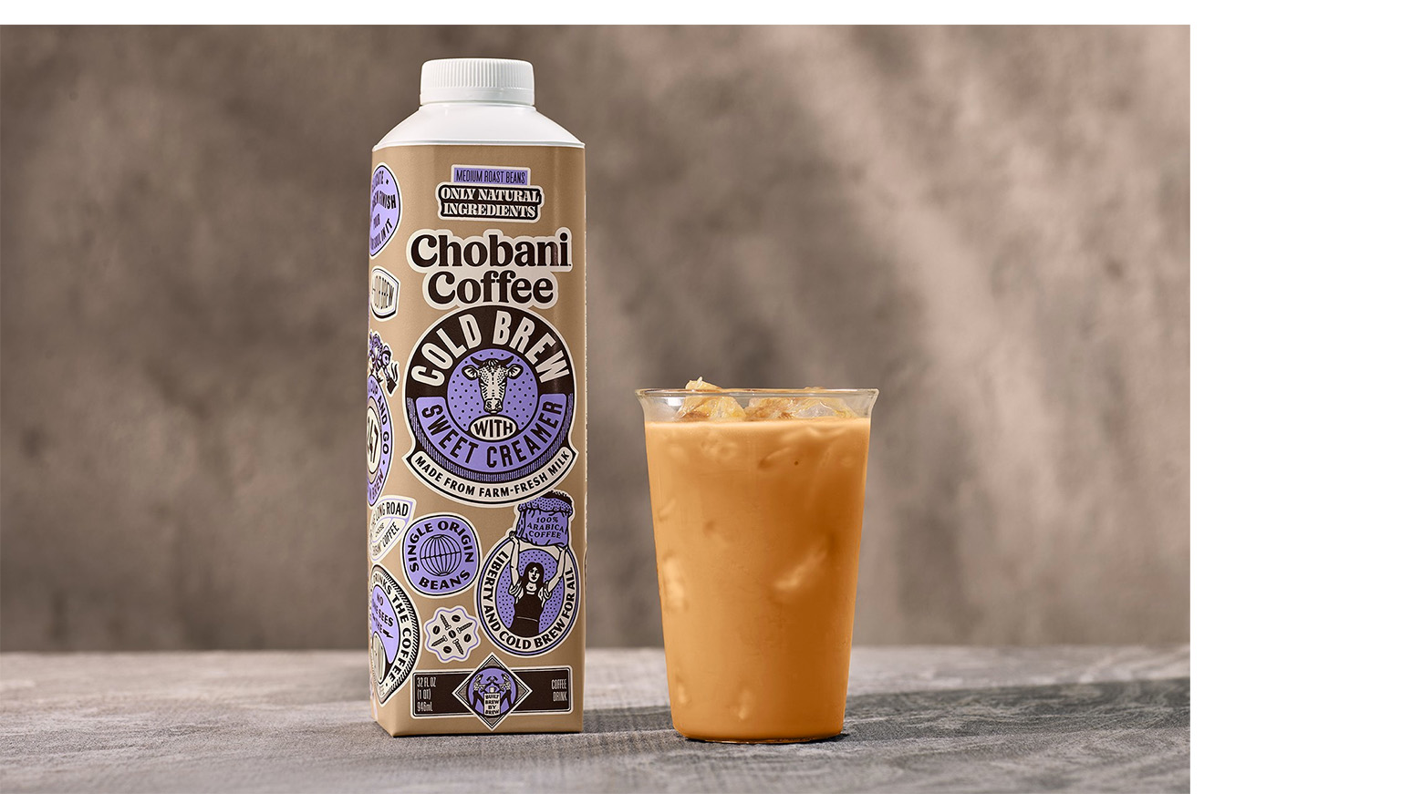 Chobani Coffee's Cold Brew with sweet creamer and vanilla is made from farm-fresh milk and natural ingredients, and no artificial flavors or sweeteners, and no preservatives. A Pure Black flavor has no sugar or dairy.
