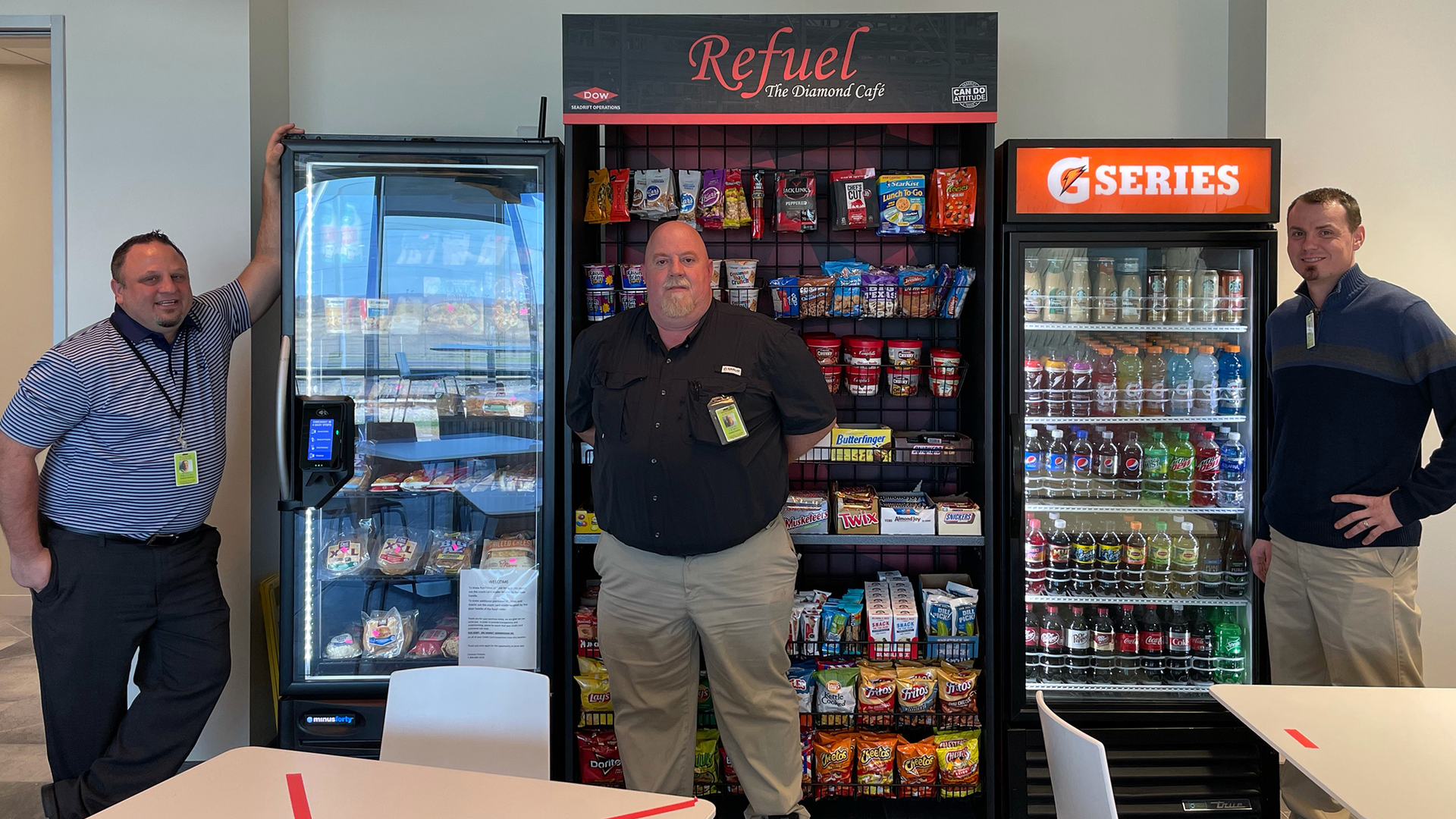 From left, Victoria Canteen&rsquo;s Hersey Williams, Al Crable and Aaron Barecky show off market product bank. At left, PicoCooler is stocked mainly with fresh-food items.