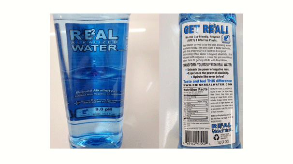 Real Water is advertised and marketed as alkalized drinking water in blue bottles with labels stating 'infused with negative ions' and detoxifying properties.