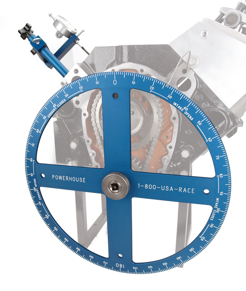 A degree wheel and dial indicator are used to find TDC with the heads removed, and camshaft timing with the engine assembled