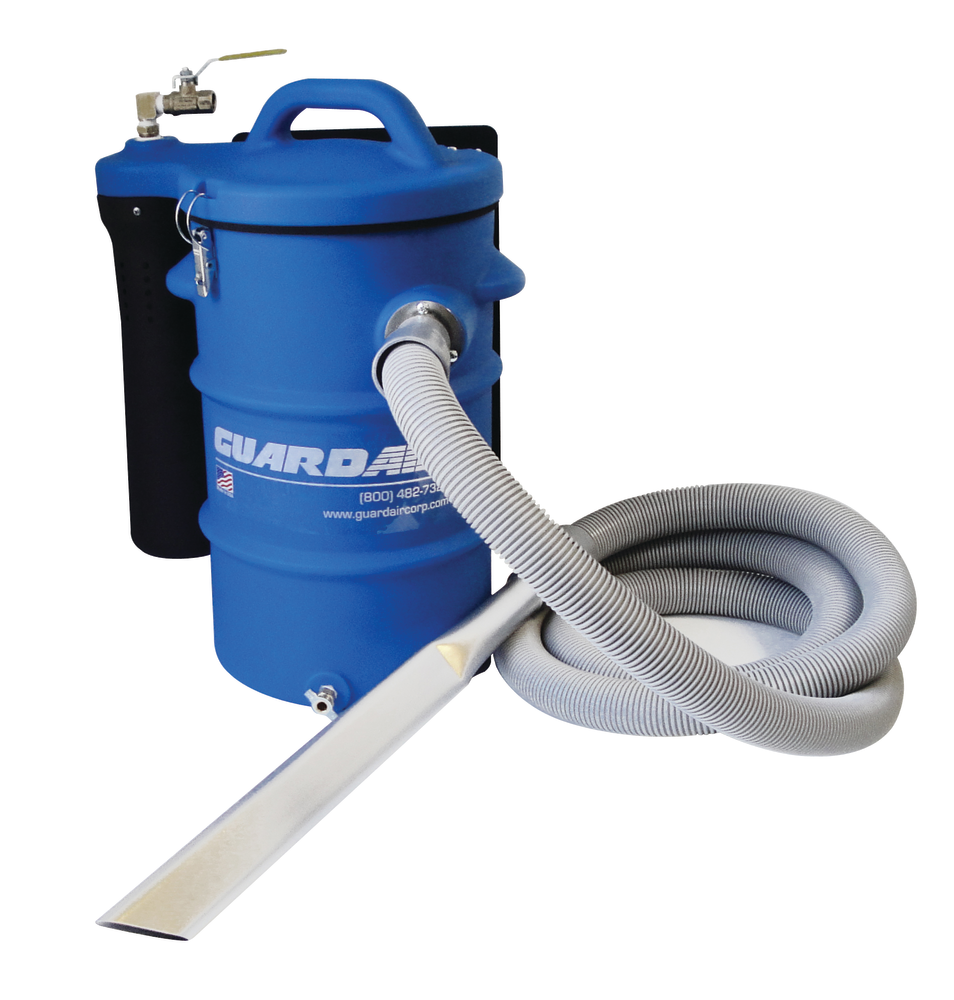 Guardair's Mac Vac pneumatic vacuum can be mounted to any vertical surface, saving space in the shop.