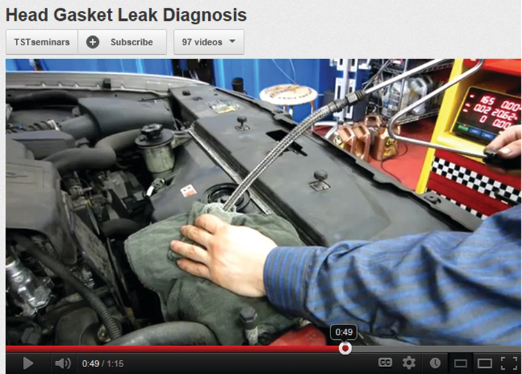 Fig. 3: You can watch how to diagnose a head gasket leak with an emissions analyzer by going to VehicleServicePros.com/10765181