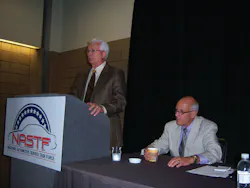 Ron Pyle, chairman of NASTF, at left, announces Skip Potter as the NASTF's first executive director during the ASRW show in New Orleans. Ron Pyle, chairman of NASTF, at left, announces Skip Potter as the NASTF's first executive director during the ASRW show in New Orleans.