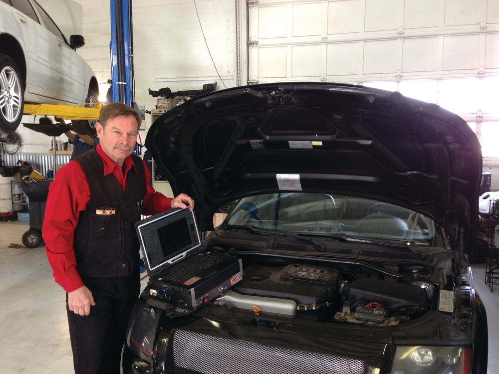 Dave Lang uses the Automotive Test Solutions Escope Pro 8-channel, twin-time-base labscope to view electrical circuits quickly in the cars that come into his shop nowadays.