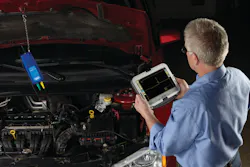 Figure 3A: Here, a technician is hooked up with a labscope to an ignition coil, by back probing its ground with an OTC Tech Scope, No. 3857. For more information on this product check out www.VehicleServicePros.com/10615029. Figure 3A: Here, a technician is hooked up with a labscope to an ignition coil, by back probing its ground with an OTC Tech Scope, No. 3857. For more information on this product check out www.VehicleServicePros.com/10615029.
