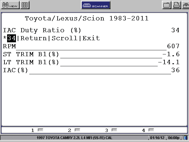 The scan tool was connected, and the bi-directional controls for IAC (idle air control) duty ratio were selected. The first example shows the command forced to 34 percent.