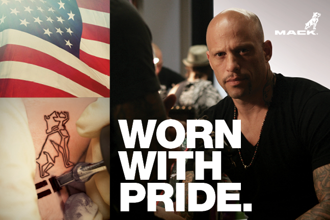 Mack Trucks is offering a limited amount of free Mack Bulldog or American Flag tattoos by Miami Ink tattoo artists Ami James and Chris Garver during the 2014 Mid-America Trucking Show in Louisville, Ky.