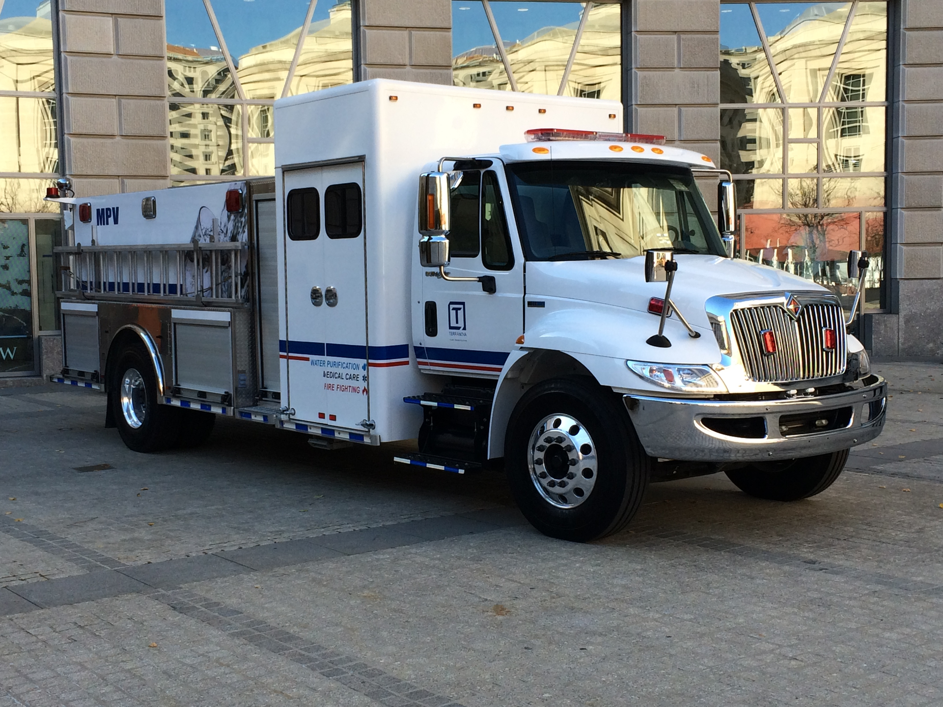 This state-of-the-art truck offers a vehicle mounted water purification treatment system, fire-fighting capabilities and a mobile medical unit.