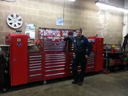 David Lewis stands with his combo Mac Tools and Snap-on toolbox. David Lewis stands with his combo Mac Tools and Snap-on toolbox.