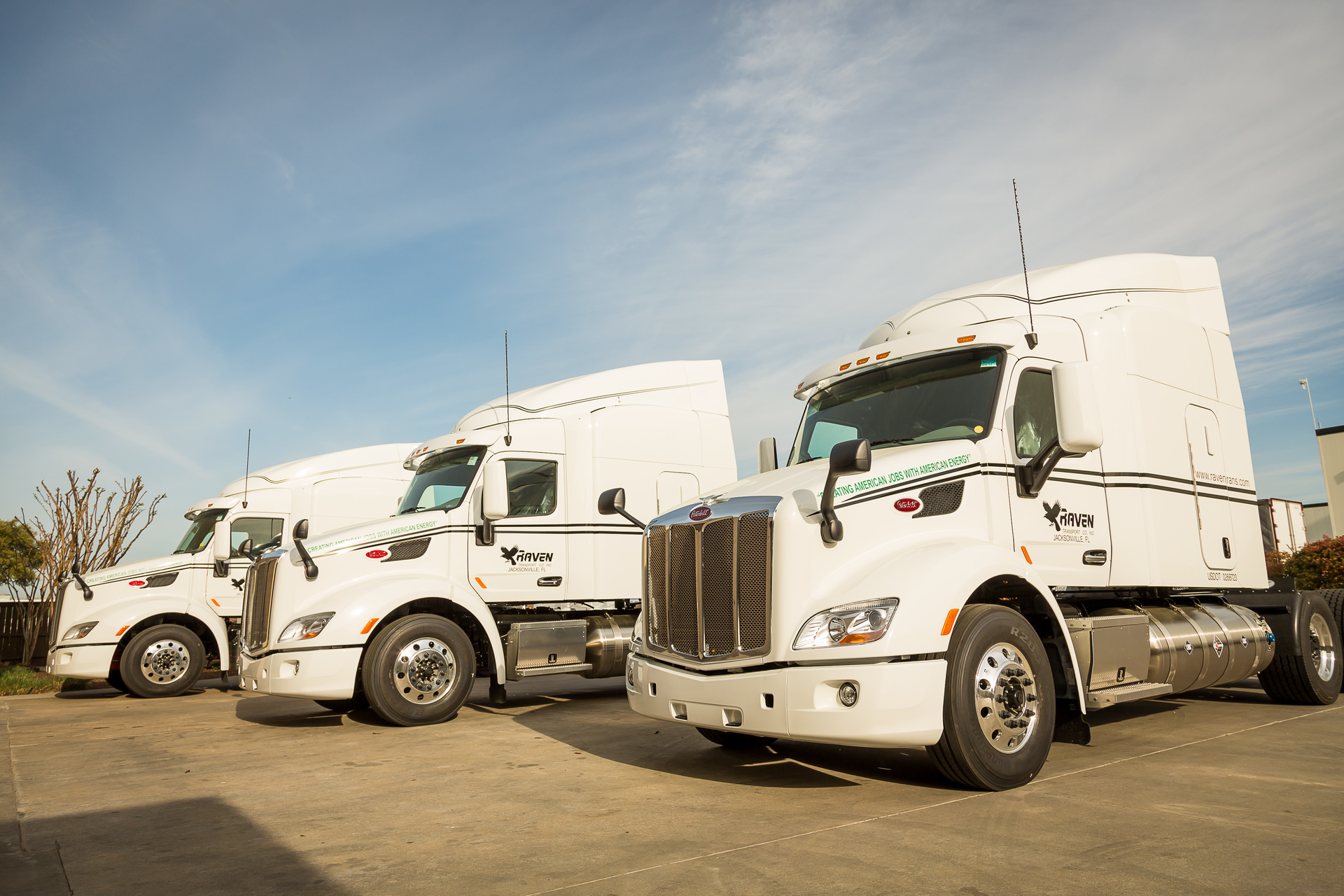 New Raven Transport LNG trucks outside Peterbilt Motors assembly plant in Denton, Texas.