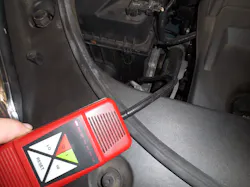 Using an electronic leak detector, check the normal areas for active leaks such as the compressor housing and seals, connections, service ports and condenser seams. Using an electronic leak detector, check the normal areas for active leaks such as the compressor housing and seals, connections, service ports and condenser seams.