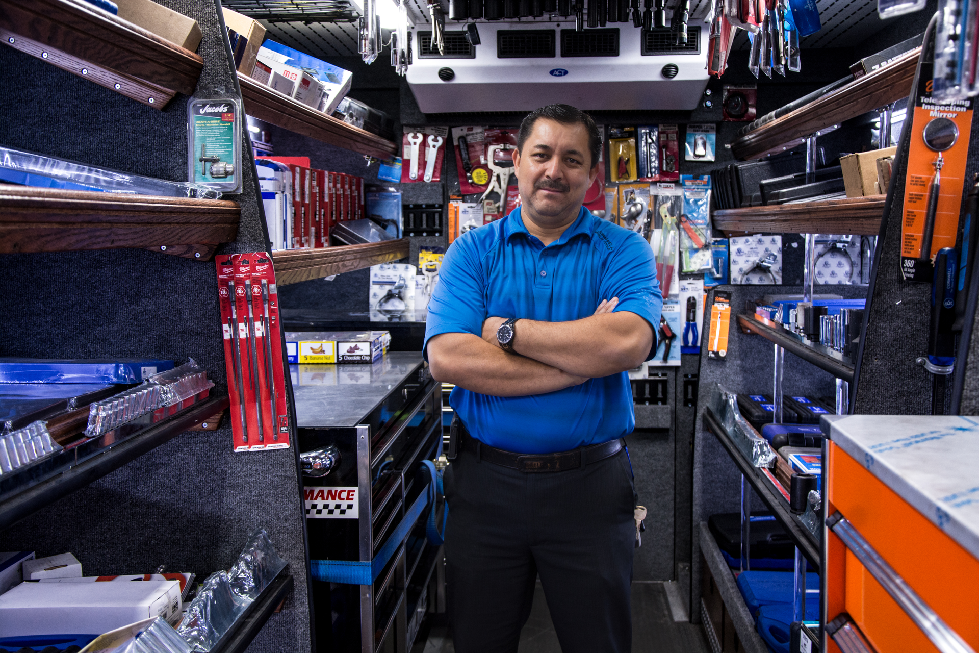 Cornwell Tools dealer Mario Mendez runs a route in Fontana, Calif.