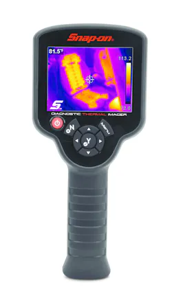 Fig. 4: The screen of the Snap-on Diagnostic Thermal Imager (No. EETH300) displays the thermal temperature reading of a heated seat on a vehicle. Fig. 4: The screen of the Snap-on Diagnostic Thermal Imager (No. EETH300) displays the thermal temperature reading of a heated seat on a vehicle.