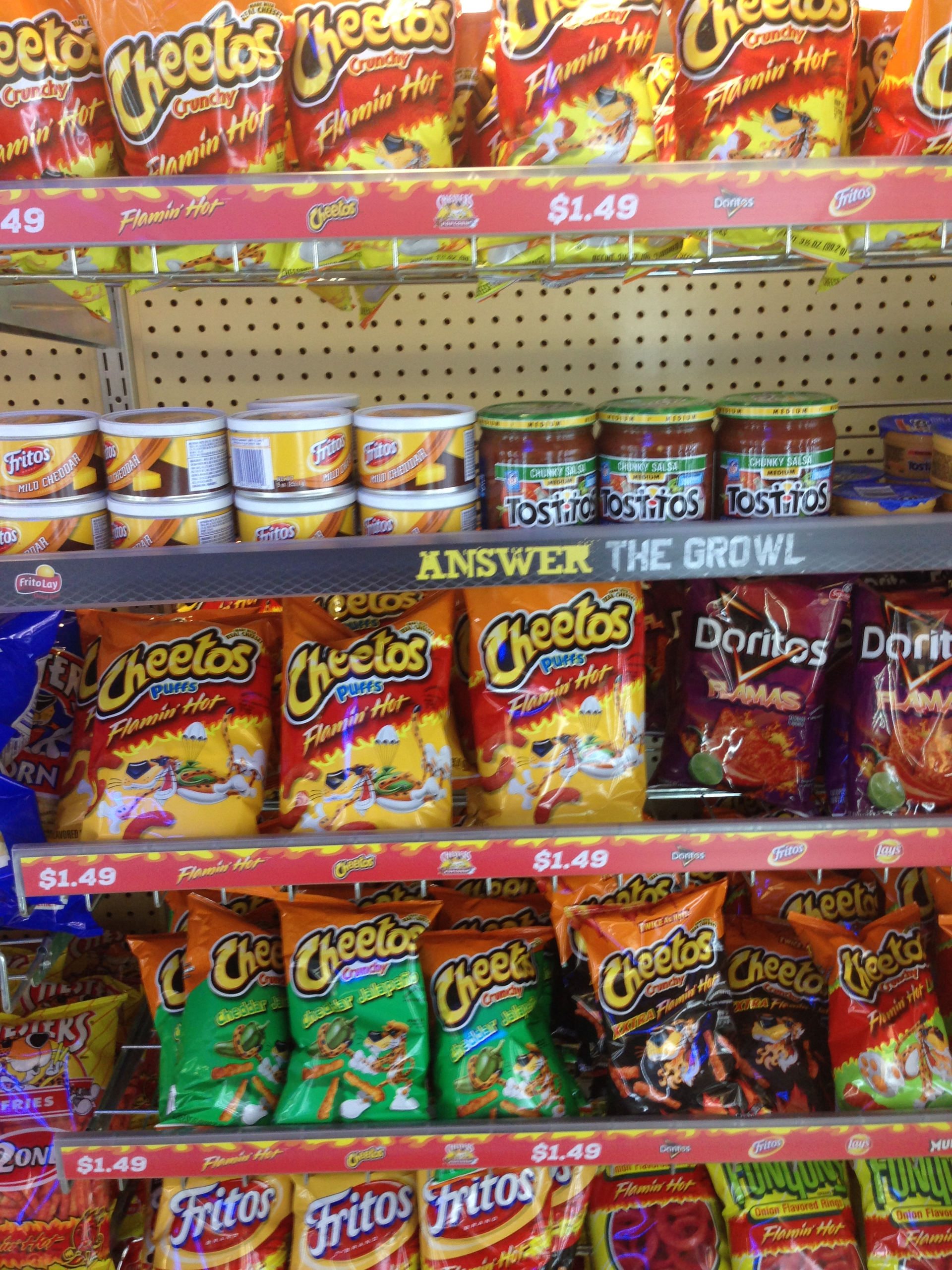 Add-ons. Dips and salsas are featured between rows of chips as an impulse add-on. The lesson? Place add-ons near your featured tools. For example, promoting an air tool? Think about putting accessories or pneumatic plugs and couplers next to it.