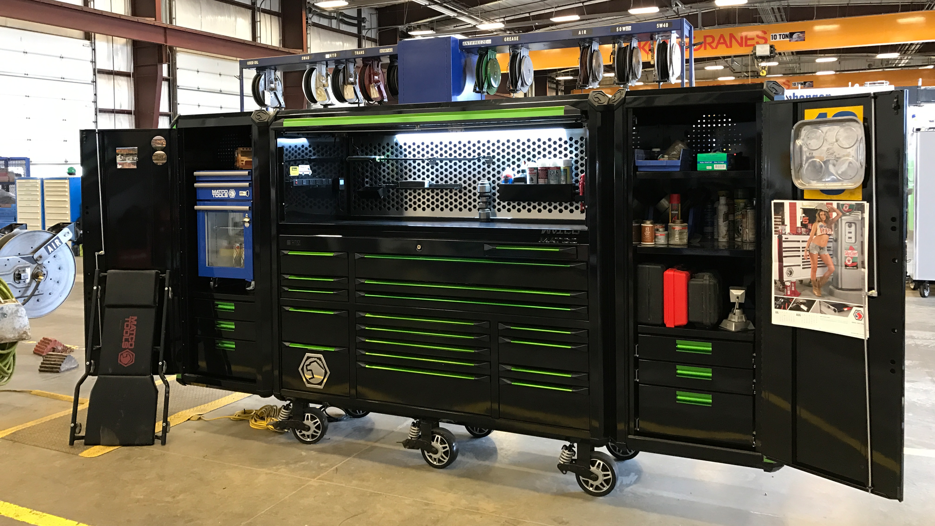 This black and green Matco RevelX Series toolbox features a hutch and two side lockers.