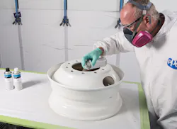 Step 4: Applying two wet coats of PPG CPC-SP8047 (white) or CPC-SP8050 (black) topcoat. Step 4: Applying two wet coats of PPG CPC-SP8047 (white) or CPC-SP8050 (black) topcoat.