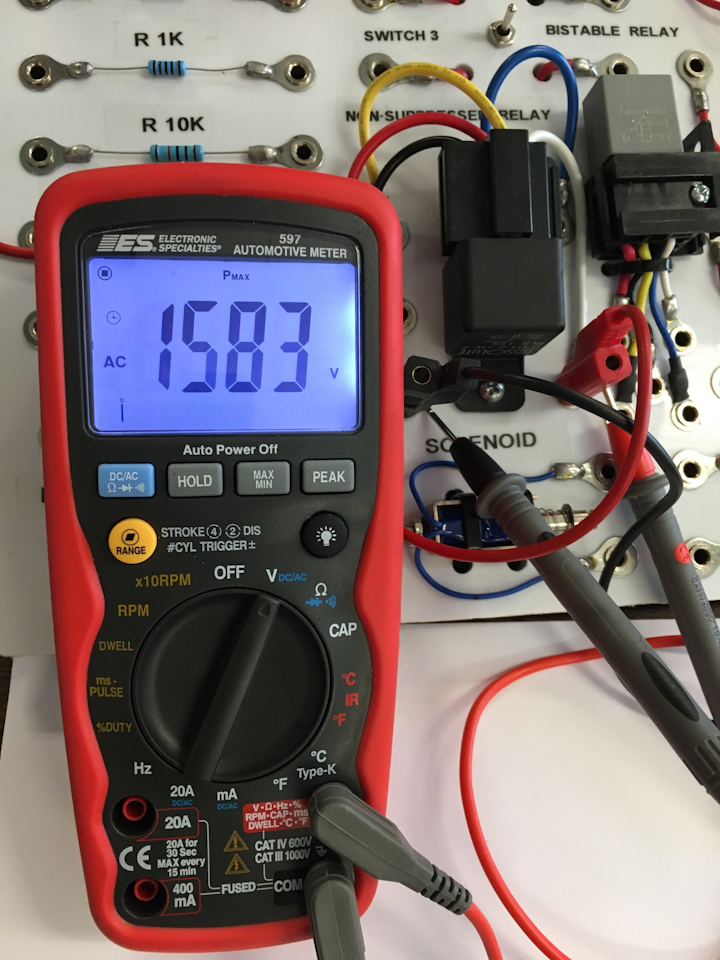 Fig. 2: In the training provided by K&D Technical Innovations, there is a test that technicians can do using a multimeter with a fast-enough sample rate to capture the high voltage created when the coil in a relay is turned off.