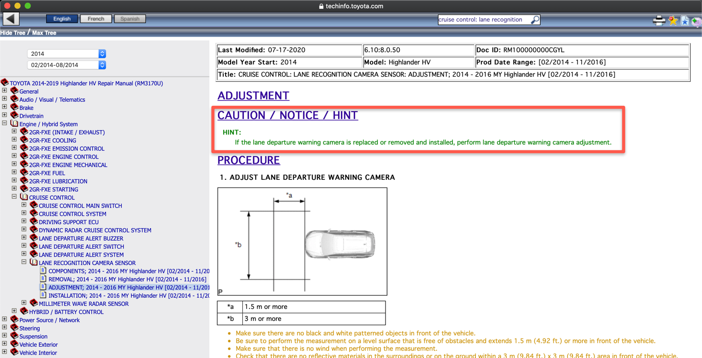 We double-checked with Toyota&rsquo;s factory service information by looking up the same lane camera operation in Toyota&rsquo;s Technical Information Service, TIS, and found a Document ID: RM100000000CGYL with a release date of 07-17-2020, Version 6.10:8.0.50.