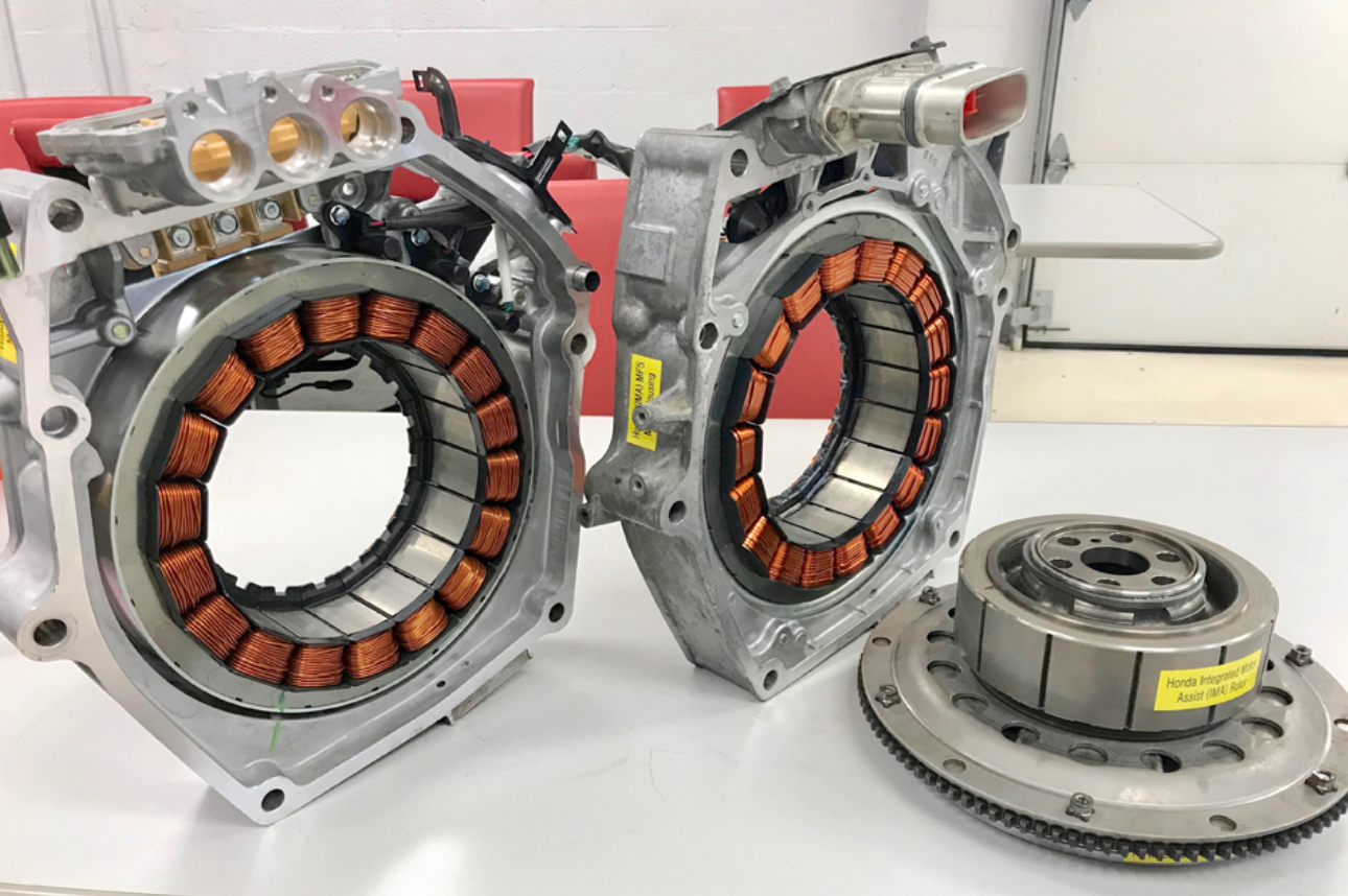 Honda's Integrated Motor Assist (IMA) system shows the motor's rotor and stator assembly that provides the supplemental torque, when necessary, to assist the internal combustion engine (ICE).