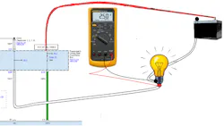 Figure 2- This substitute load (light bulb) voltage-drop test allows one to stress the circuit to see if it's capable of supporting the intended function (operating the RPSD system). Figure 2- This substitute load (light bulb) voltage-drop test allows one to stress the circuit to see if it's capable of supporting the intended function (operating the RPSD system).