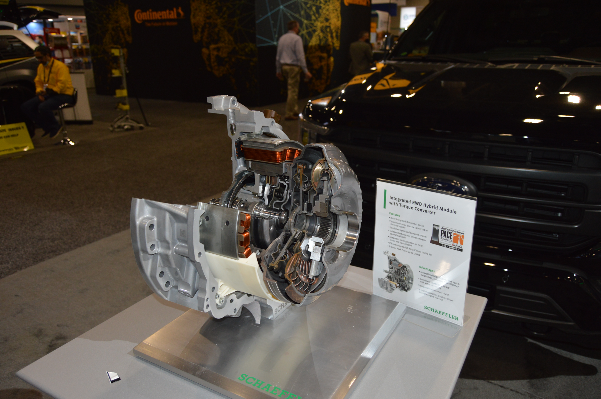 By integrating the electric motor with the torque converter, Schaeffler&rsquo;s P2 Hybrid Module, shown here at Schaeffler's AAPEX booth, is so compact that it can fit a variety of vehicle platforms.