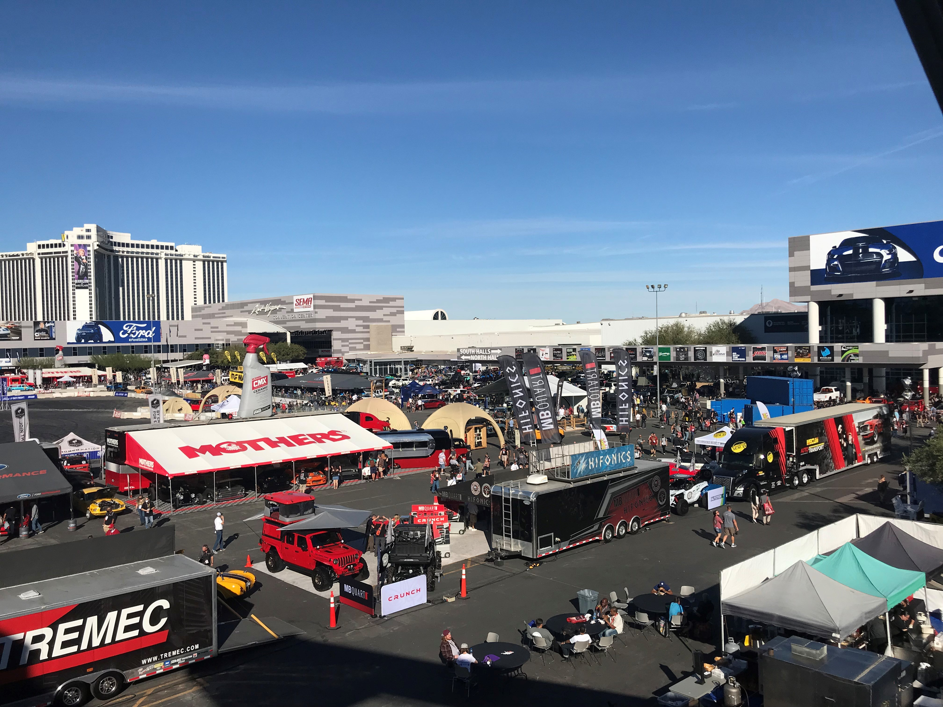 An overview of some of the outdoor booths at SEMA.