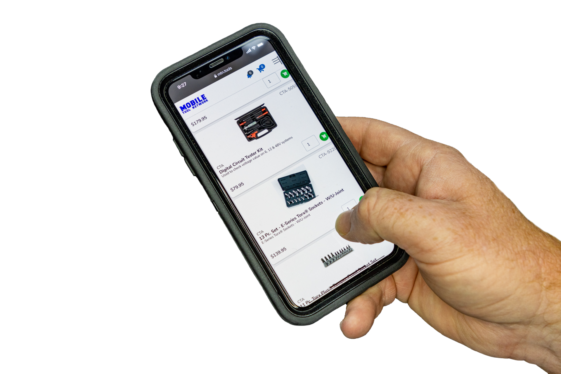 Hand holding phone with Mobile Tool Network app