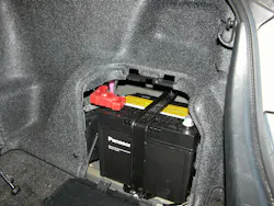 Figure 3- AGM batteries can be located inside a vehicle's passenger area due to their sealed construction, as shown on a 3rd generation Toyota Prius. Figure 3- AGM batteries can be located inside a vehicle's passenger area due to their sealed construction, as shown on a 3rd generation Toyota Prius.