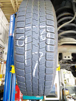 Measure tires across the tread and write the measurement in 32nds in chalk on the tread. Each subsequent inspection will show the number(s) going down, counting down till “retirement”. Measure tires across the tread and write the measurement in 32nds in chalk on the tread. Each subsequent inspection will show the number(s) going down, counting down till “retirement”.