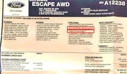 Figure 4- The vehicle window sticker (or a similar printout via the OEM’s dealer site) is the best indicator of the ADAS equipment on the vehicle. We see this vehicle has BLIS (Blindspot Information System) and Ford CO-PILOT 360. Figure 4- The vehicle window sticker (or a similar printout via the OEM’s dealer site) is the best indicator of the ADAS equipment on the vehicle. We see this vehicle has BLIS (Blindspot Information System) and Ford CO-PILOT 360.