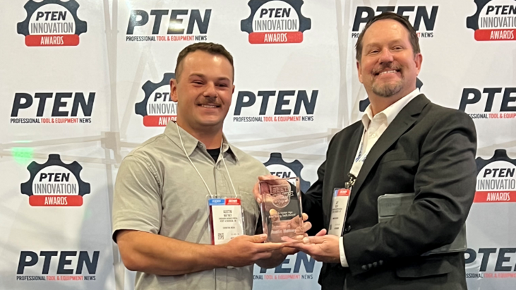 Austin Matney (left) accepting the 2022 Best Young Tech Award from Motor Age Managing Editor Jay Sicht (right).