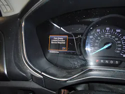 Figure 2: This warning message appears on the IPC of a Ford Fusion when the ABS module sees a fault with the EPB system. Figure 2: This warning message appears on the IPC of a Ford Fusion when the ABS module sees a fault with the EPB system.