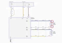 Figure 4: Wiring diagram for an EPB system. Notice how each actuator motor has an A and B circuit. Current polarity is reversed on these circuits to extend and retract the caliper piston. The RED circles indicate where the jumper leads are placed to retract the caliper pistons manually. Figure 4: Wiring diagram for an EPB system. Notice how each actuator motor has an A and B circuit. Current polarity is reversed on these circuits to extend and retract the caliper piston. The RED circles indicate where the jumper leads are placed to retract the caliper pistons manually.