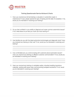 Figure 1- A training questionnaire allows shop owners to determine their staff's training starting point. Figure 1- A training questionnaire allows shop owners to determine their staff's training starting point.