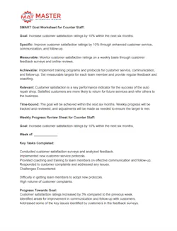 Figure 2- An example of a SMART (specific, measurable, achievable, relevant, and time-bound) goals sheet you can use with your service advisors. Figure 2- An example of a SMART (specific, measurable, achievable, relevant, and time-bound) goals sheet you can use with your service advisors.