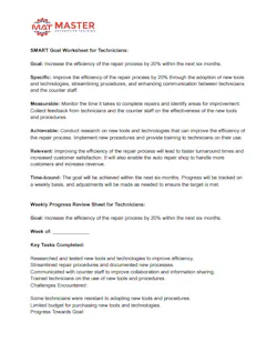 Figure 4- An example of a SMART (specific, measurable, achievable, relevant, and time-bound) goals sheet you can use with your technicians. Figure 4- An example of a SMART (specific, measurable, achievable, relevant, and time-bound) goals sheet you can use with your technicians.