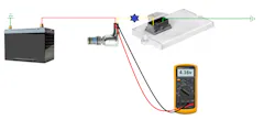 Figure 9- Testing across the fuel injector only reveals that injector DOES NOT drop the source voltage (as intended). further testing would determine if the other remaining 8 V was lost on the positive-feed side of the circuit, ground-control side of the circuit, or a combination of both. Figure 9- Testing across the fuel injector only reveals that injector DOES NOT drop the source voltage (as intended). further testing would determine if the other remaining 8 V was lost on the positive-feed side of the circuit, ground-control side of the circuit, or a combination of both.