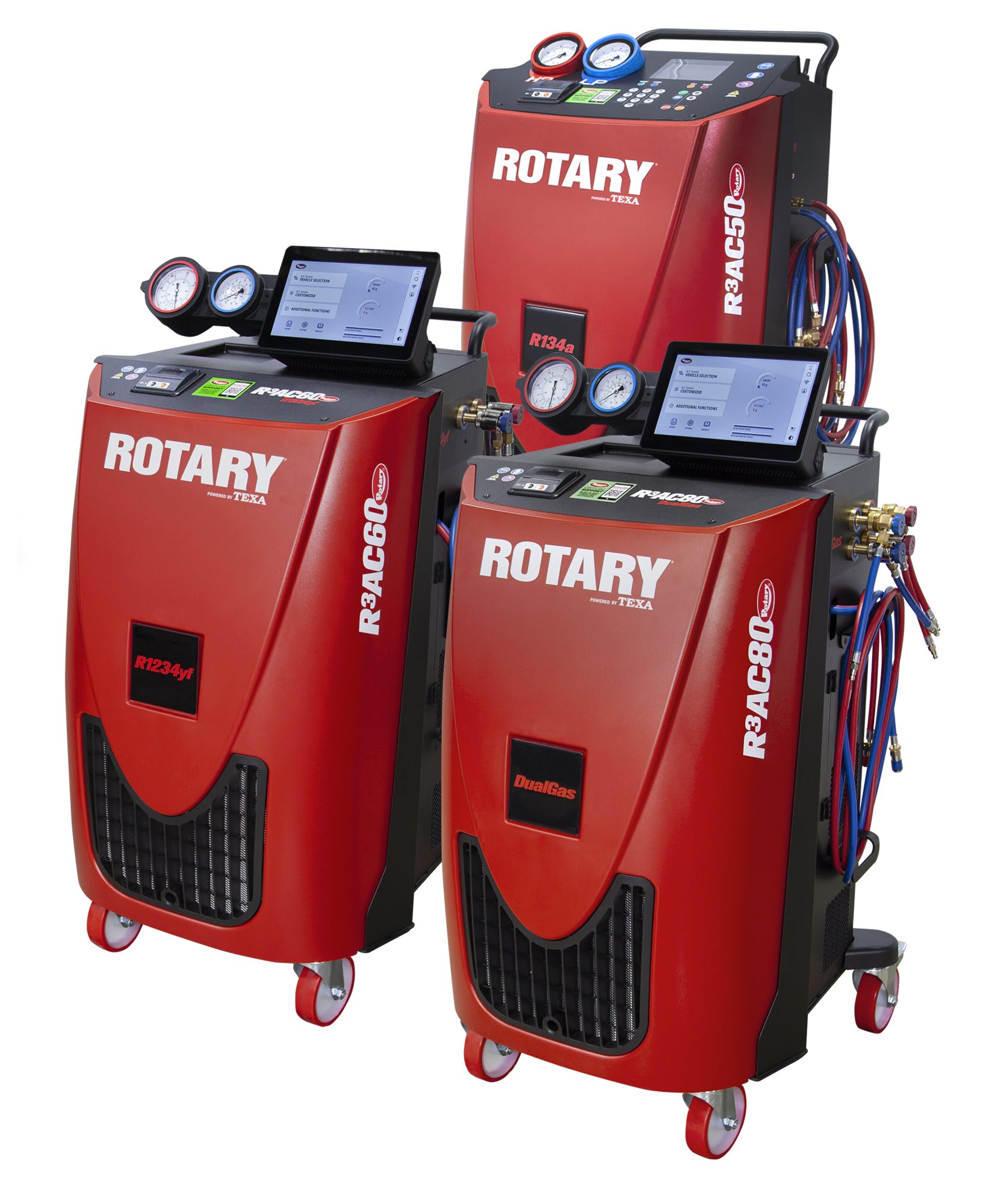 The Rotary brand of shop equipment extends to air conditioning recharging machines, with both single and dual-refrigerant options.