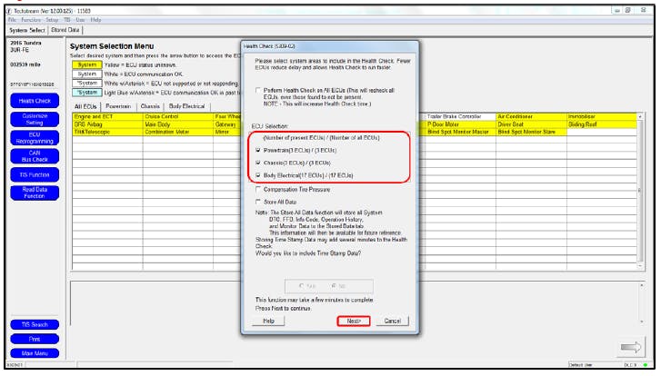 Choose the desired ECU group(s) in the Health Check dialog box.