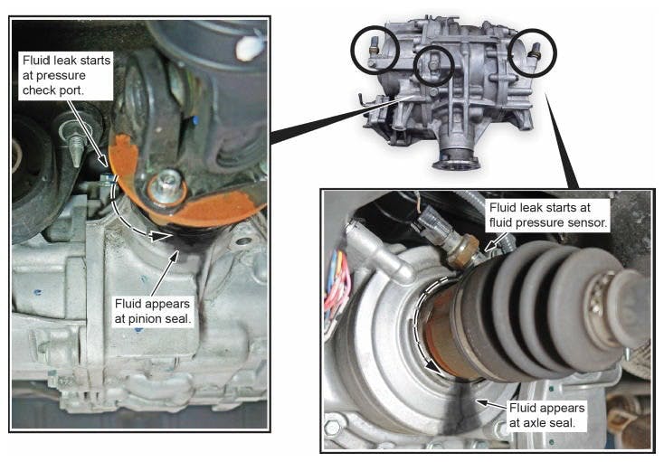The left photo shows the pressure check port, which could drip onto the pinion seal. In the right photo, note that the fluid pressure sensor can drip onto the axle seal.
