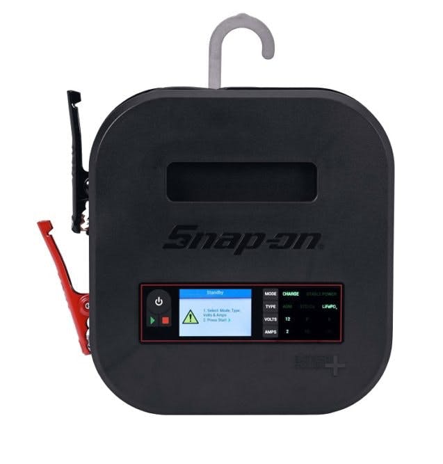 The Snap-on Bench Top Battery Charger Plus EEBC30A12V is housed in a rugged yet compact design with storage for the power cord and charging cables.