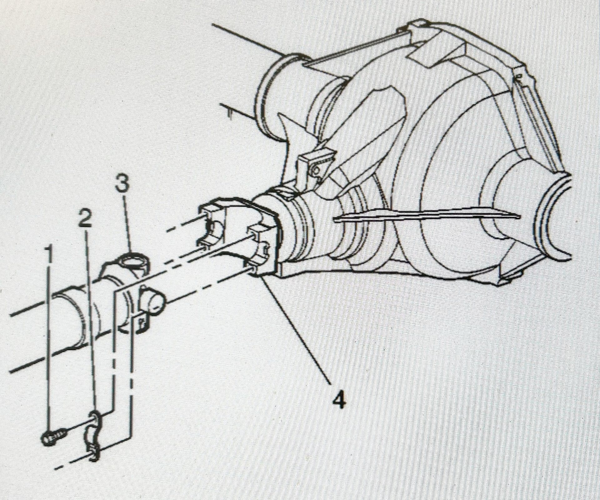 Replace the two U-joint retainers (2) and the four retainer bolts (1).