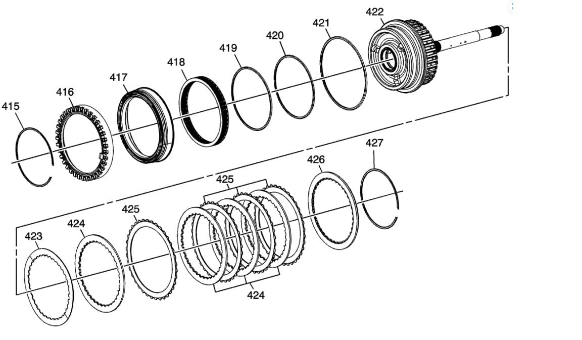 Exploded view. Retainer ring 415; input shaft speed sensor reluctor wheel 416; 3-5 reverse clutch piston 417; 3-5 reverse and 4-5-6 clutch housing assembly 422.