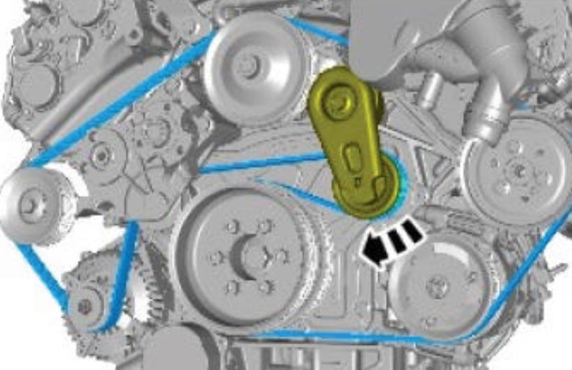 Note location of the belt tensioner (green).