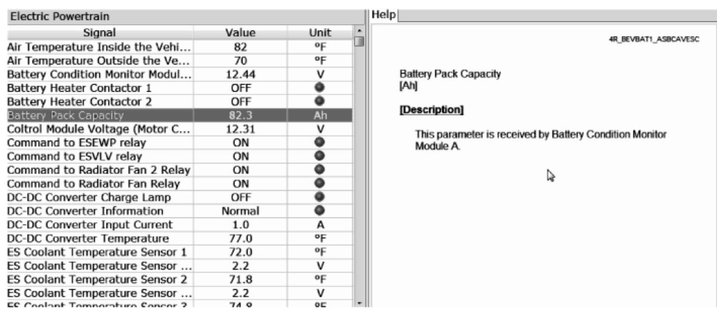 In this example, the battery pack capacity reads 82.3 Ah. If less than 55 Ah, the battery needs to be replaced.