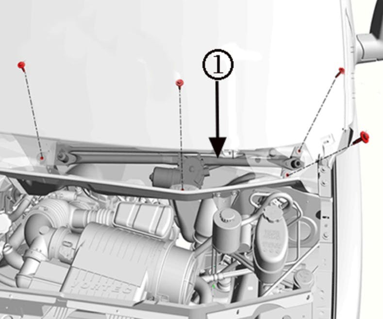 Remove the air inlet grille panels and the windshield wiper system module (1).