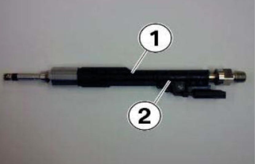 Bosch injector with black plastic housing (1). Part number location (2).