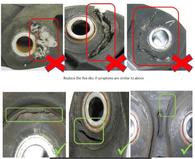 Diagnosis of the driveshaft flexible disc. See the top row for an example of flex discs that must be replaced. Examples of normal minor cracks are shown in the bottom row.