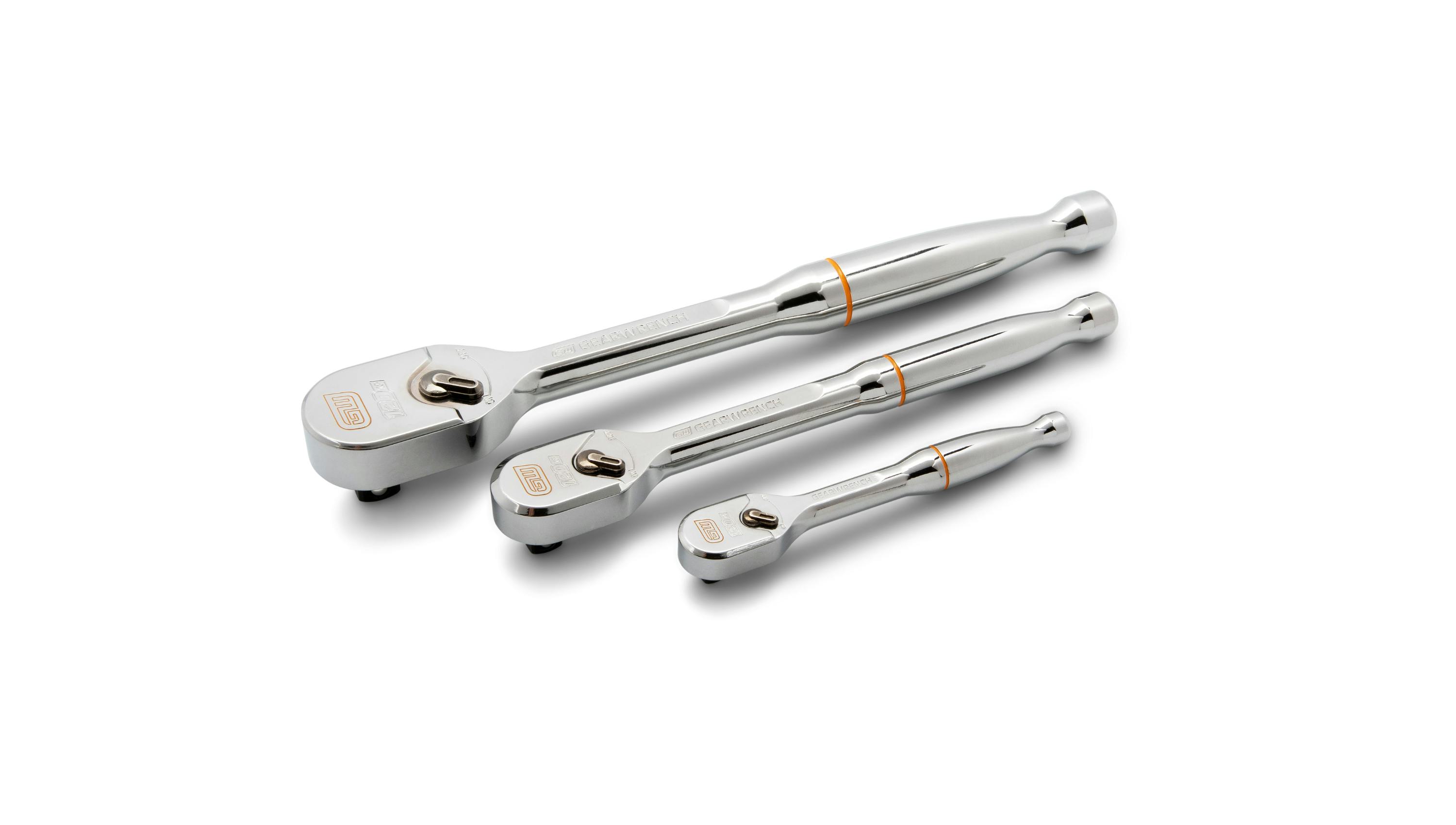 GEARWRENCH 3-pc 1/4', 3/8', and 1/2' Drive 120XP Full Polish Teardrop Ratchet Set, No. 81206XP